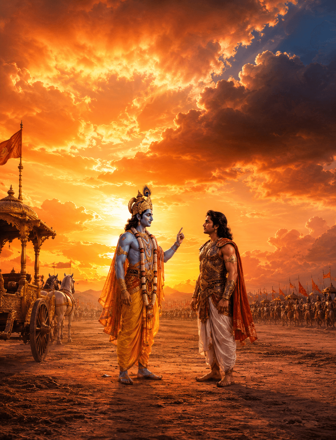 Krishna (Madhav) and Arjuna in dialogue on the field of Kurukshetra